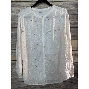 Old Navy Button Up Shirt Women L White Eyelet Long Sleeve Embroidered Polyester